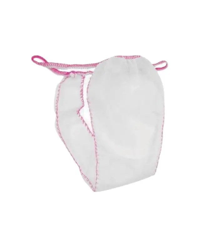 Tanga Mini Polipropileno Blanco con Ribete Rosa Bolsa 25 unds. Ref.253-TI